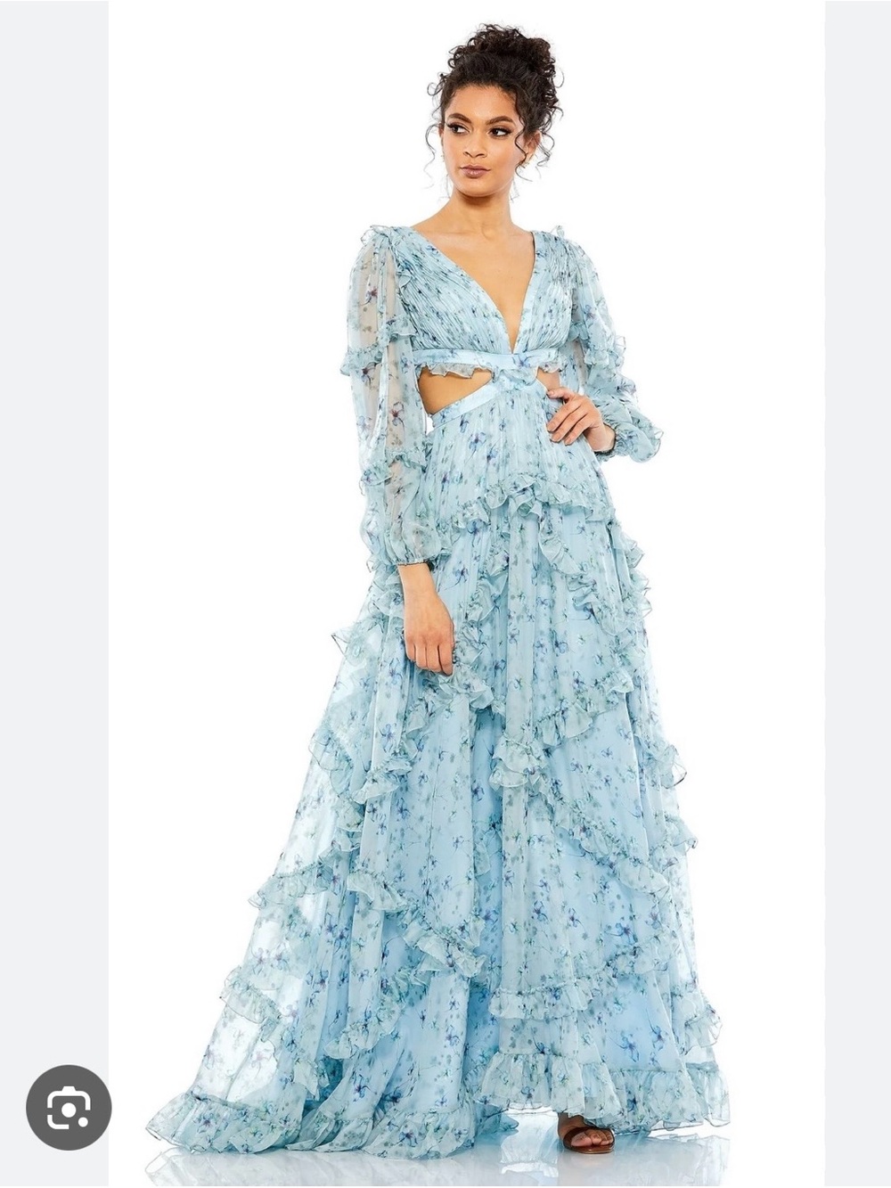 Mac Duggal Light Blue Floral Ruffle Maxi Dress